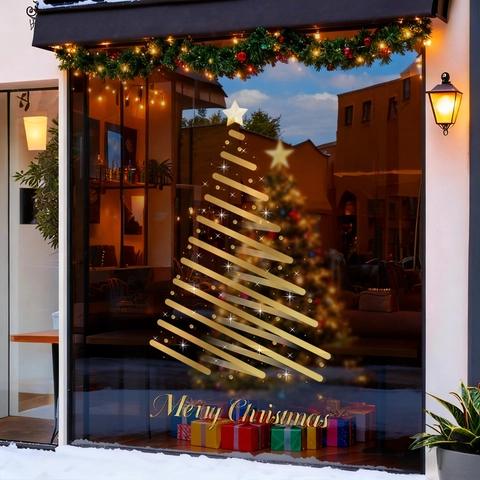 Christmas Window Sticker Golden Spiral Tree Static Cling Glass Door Decal Double Sided Reusable Minimalist Holiday Decor