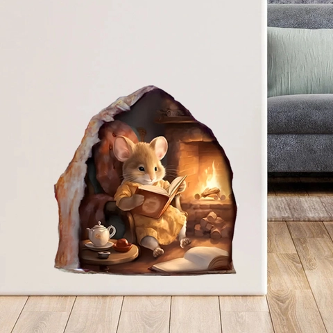 3D Mouse Hole Wall Sticker PVC Removable Decal Cartoon Animal Reading Miniature Scene Home Decor For Bedroom