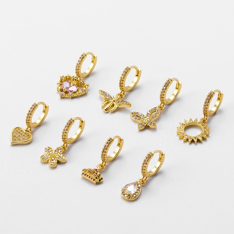 Boucle D'oreille Créole De Piercing En Cuivre Zircone Mode Pendentif Cœur Papillon Couronne Fleur Charm Bijou Seul Femmes