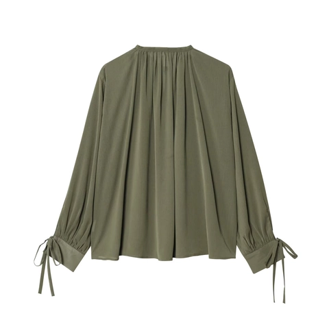 Women Casual Olive Green Pleated Blouse Tie Neck Bow Long Sleeve Chiffon Shirt Single Breasted Loose Top Street Blouse