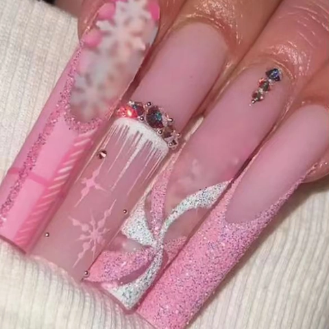 Long Square Press On Nails Pink Gradient With Rhinestones Snowflakes Christmas Winter Artificial False Finger Nails