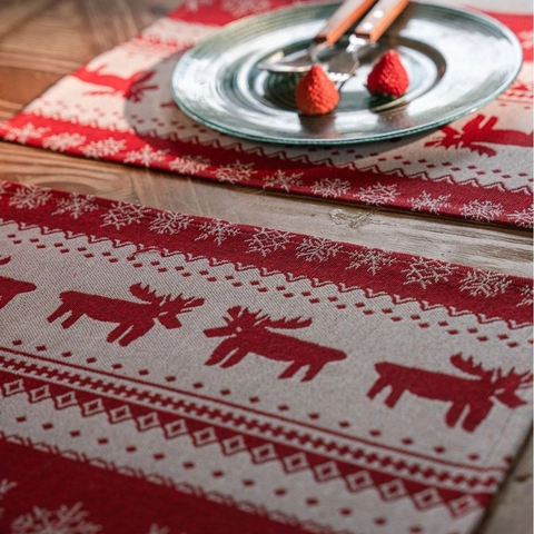 Christmas Placemat Jacquard Reindeer Snowflake Pattern Holiday Dinner Table Decoration Red Beige Woven Fabric Vintage Home