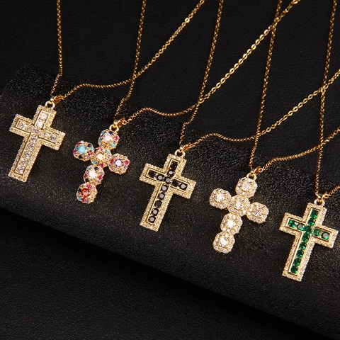 Cross Pendant Necklace Stainless Steel And Copper Plated With Multi Color Zircon Inlaid Religious Elegant Jewelry For Women