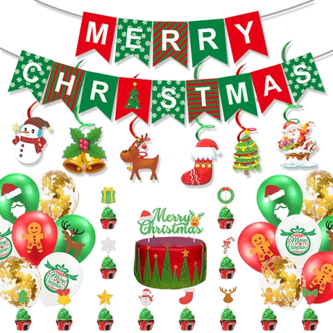 Decoración Fiesta Navidad Pancarta Merry Christmas Globos De Látex Adornos Para Tartas De Papel Remolinos Colgantes Decoración
