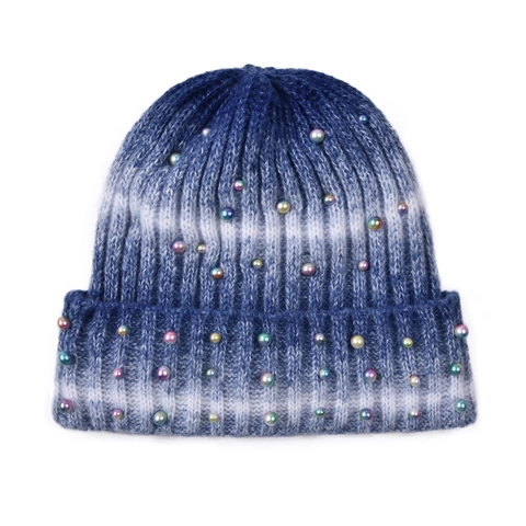 Tie Dye Knit Beanie Hat Colorful Faux Artificial Pearl Thick Warm Winter Hat With Plush Lining