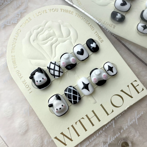 Handmade Press On Nails 3D Cartoon Panda Cat Paw Design Black White Heart Star Pattern Full Cover Reusable False Nails