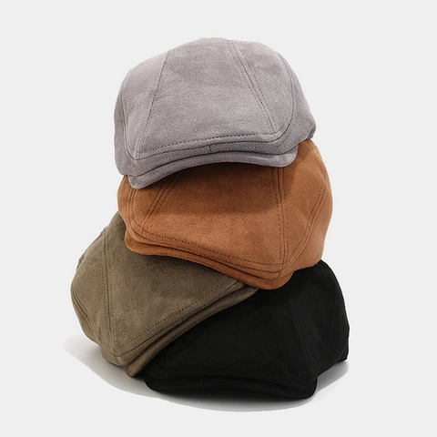 Coppola in Camoscio Tinta Unita Vintage Stile Britannico Tesa Corta Cappello Newsboy per Uomo Donna Caldo Cappello da Pittore Retrò