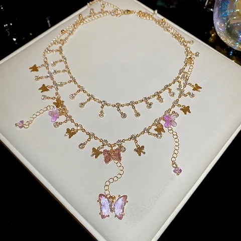 Double Layer Butterfly Pendant Necklace Alloy Rhinestone Glass Court Style Clavicle Chain Jewelry For Women