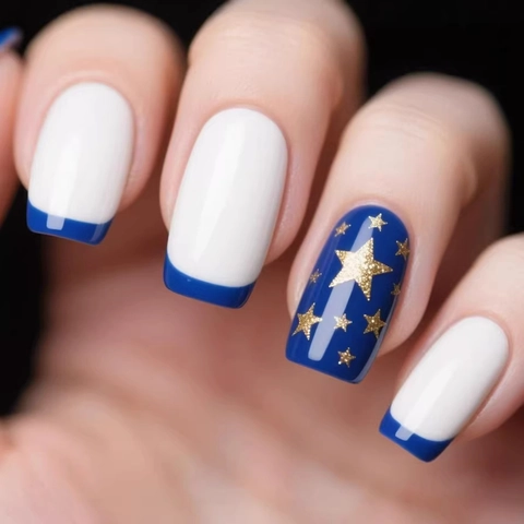 Unghie Finte French Tip Lucide Quadrate Medie Blu Bianco Stelle Dorate ABS Per Donne