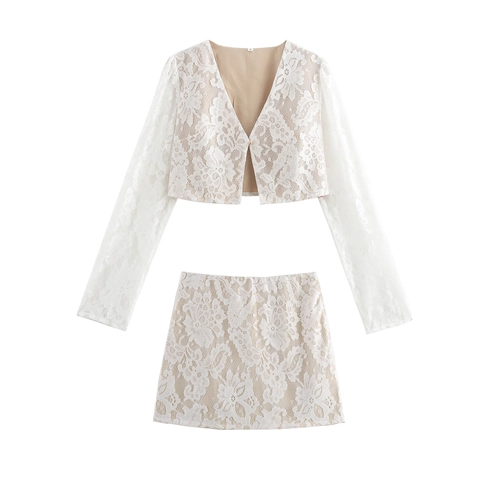 Elegante Dames Vest Van Bloemenkant En Mini-Rok Lange Mouwen V-Hals Knoopsluiting Outfits Wit
