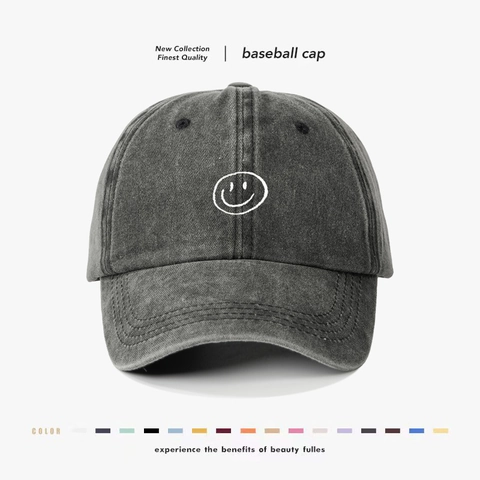 Smile Face Embroidered Baseball Cap Washed Cotton Vintage Curved Brim Sun Protection Outdoor Casual Hat For Men Women
