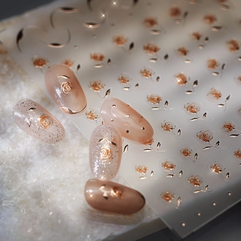Autocollants Pour Ongles Relief 3D Métallique Or Rose Design Floral Fleur Gaufrée Ligne Géométrique Adhésif DIY Manucure