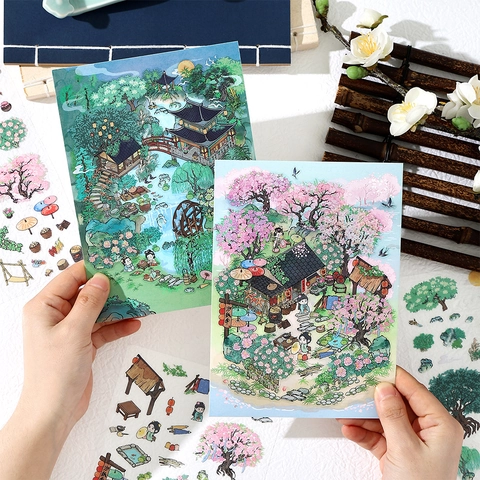 Autocollants De Scénographie DIY PET Carton Pour Journal Scrapbooking Style Jardin Architecture Chinoise Ancienne