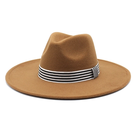 Fedora Hat Wool Felt Wide Brim Striped Grosgrain Band Western Vintage Jazz Panama Style Unisex Autumn Winter