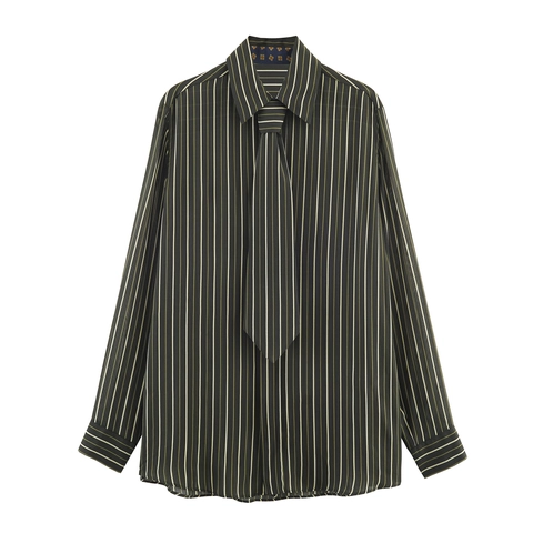 Damesblouse Met Lange Mouwen En Gestreepte Print Met Bijpassende Stropdas Verticaal Patroon Polyester Retro Shirt
