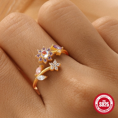S925 Sterling Silver Gold Plated Open Ring For Women Adjustable Zirconia Flower Heart Opal Fashion Jewelry Finger Ring Gift