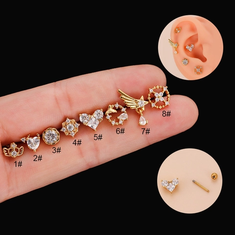 Stainless Steel Heart Wing Zircon Ear Cartilage Studs Helix Piercing Jewelry With Screw Ball Back For Women