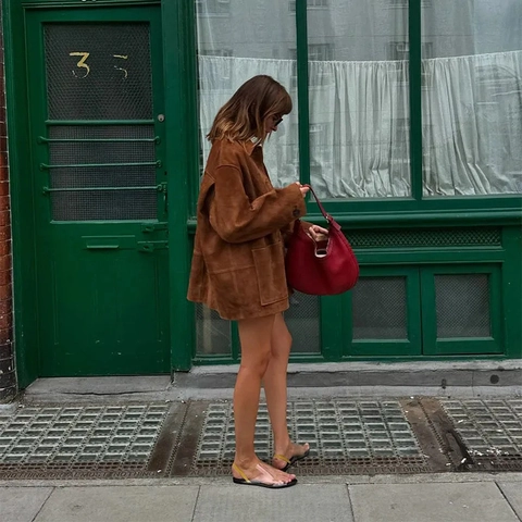 Women Vintage Faux Suede Jacket Long Sleeve Lapel Button Down Oversized Fall Coat With Pockets Brown