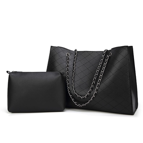 Quilted PU Leather Tote Bag And Pouch Fashion Rhombic Pattern Metal Chain Strap Shoulder Handbag For Women Daily Work
