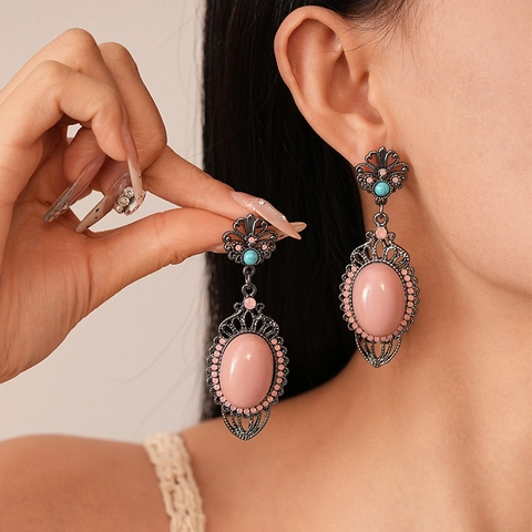 Boucles D'oreilles Bohèmes Vintage Avec Tige En Argent Sterling 925 Acrylique Rose Ovale Strass Alliage Pour Femmes