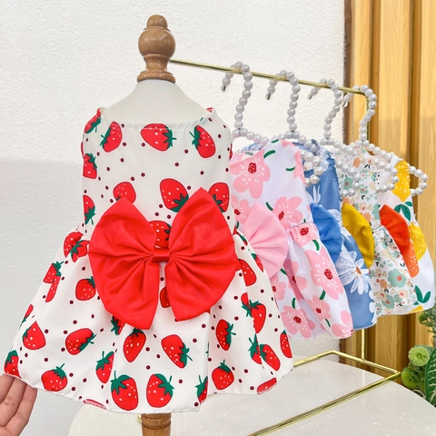 Pet Dog Cat Dress Cute Floral Fruit Print Summer Breathable Puppy Skirt With Large Bow Knot Princess Style Small Dog Clothes