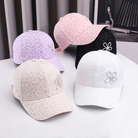 Cappello Da Baseball In Pizzo Floreale Da Donna Traspirante Protezione Solare Strass Visiera Curva Casual Elegante