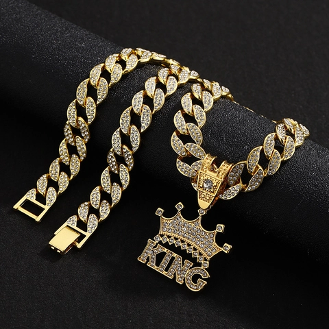 Collar Colgante Letra King Corona Aleación Diamante De Imitación Hip Hop Streetwear Joyería Hombre Iced Out Cuban Link