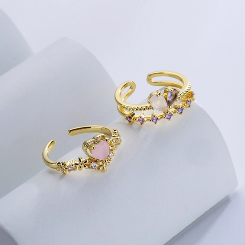 Kupfer Mikro Eingelegt Zirkon Herz Geometrisch Verstellbare Offene Ringe Für Frauen Vergoldet Trendiger Schmuck Mode