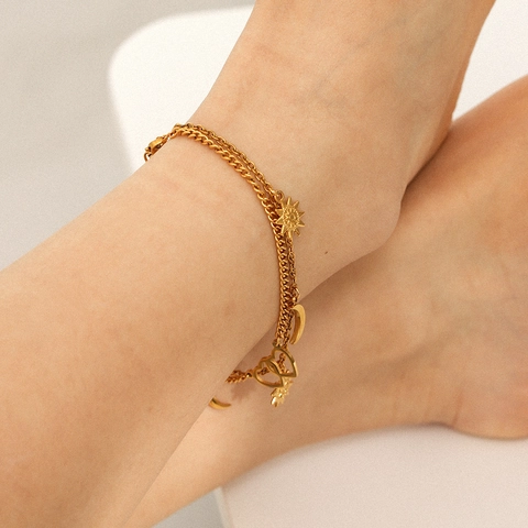 Doppellagiges Fußkettchen Vergoldeter Edelstahl Herz Sonne Mond Anhänger Böhmischer Fußschmuck Für Damen
