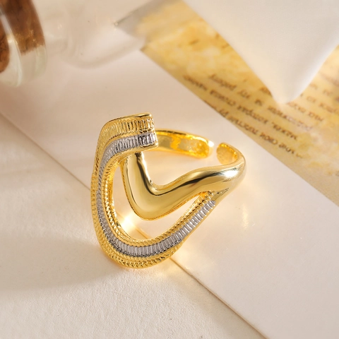 Verstellbarer Offener Ring Kupfer Zweifarbig Gold Silber Unregelmäßig Geometrisch V-Förmig Wellenstruktur Minimalistisch Mode Damen