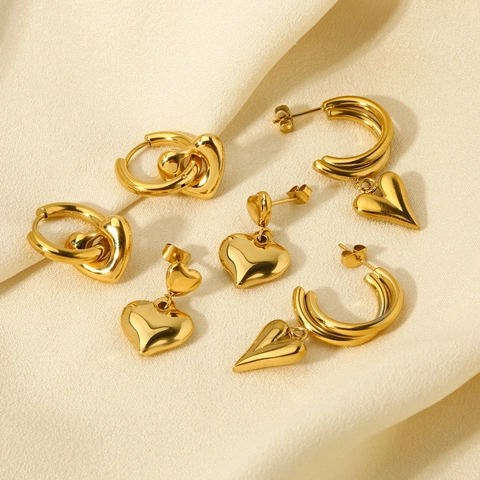Pendientes de Corazón de Acero Inoxidable Minimalista Baño Oro 14K Pendientes de Aro en C Impermeables Mujer