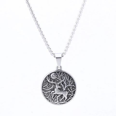 Collana Con Pendente Alce Della Foresta Vintage Acciaio Inossidabile 316L Lucidato Fascino Moneta Rotonda Per Uomini E Donne