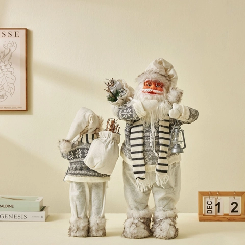 Santa Claus Figur Nordischer Strickpullover Puppe Mit Laterne Geschenktüte Weihnachten Haus Tisch Deko Grau Weiß