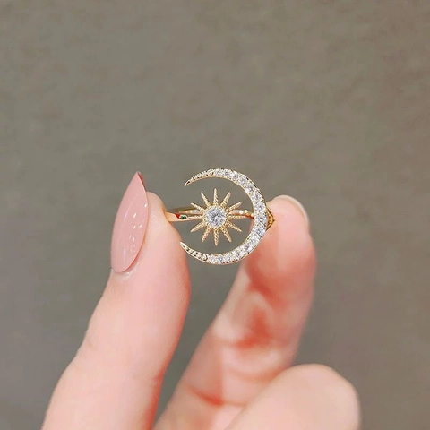 Koreaanse Mode Ster en Maan Open Ring Voor Vrouwen Verstelbare Goud Zilver Legering Strass Hemelse Sieraden Ring