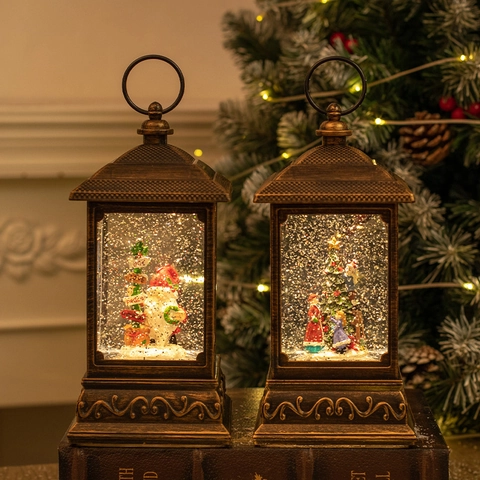 Weihnachts Schneekugel Laterne Bronze Vintage LED Leuchtend Glitzer Nikolaus Baum Dekorative Tischlampe Festlich Geschenk