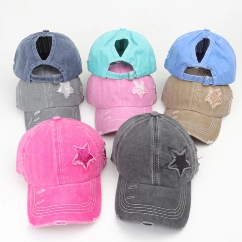 Washed Cotton Distressed Baseball Cap For Women With Ponytail Hole Sequin Star Pattern Retro Vintage Adjustable Sun Hat