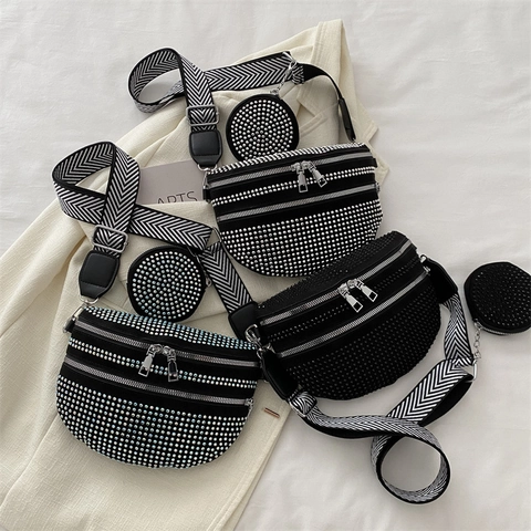 Borsa da Petto Donna Moda con Strass Borsa a Tracolla a Mezzaluna Con Borsellino Rotondo Rimovibile Tracolla Larga Chevron Marsupio Nero
