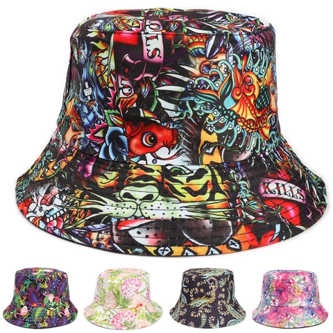 Wende Anglerhut Baumwolle Polyester Flamingo Blumenmuster Faltbar Sonnenschutz Streetwear Damen Herren