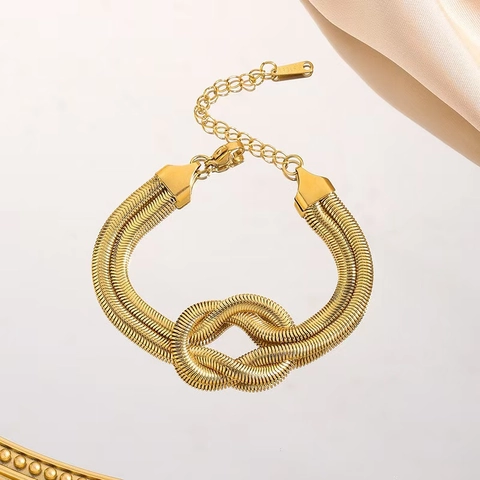 Moda Acciaio al Titanio Nodo Catena a Serpente Bracciale Collana per Donna Doppio Strato Placcato Oro 18K Gioielli Minimalisti
