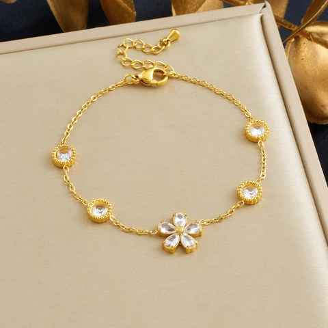 Pulsera De Flor Acero Inoxidable Chapada En Oro Con Circonitas Rhinestones Cadena Geometrica Joyeria Elegante Mujer