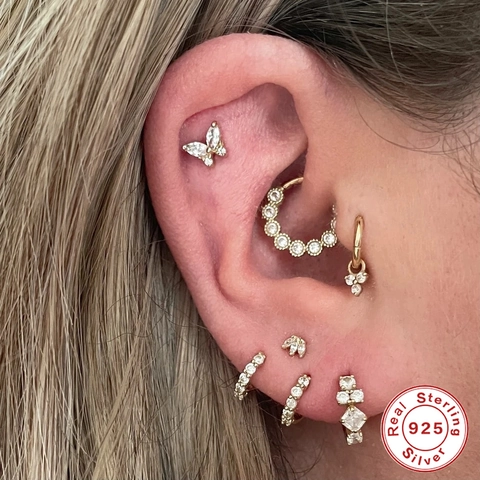 925 Sterling Zilveren Oorkraakbeen Stud Met Zirconia En Kunstparel Vlinder Bloem Platte Achterkant Schroef Labret Piercing Sieraden