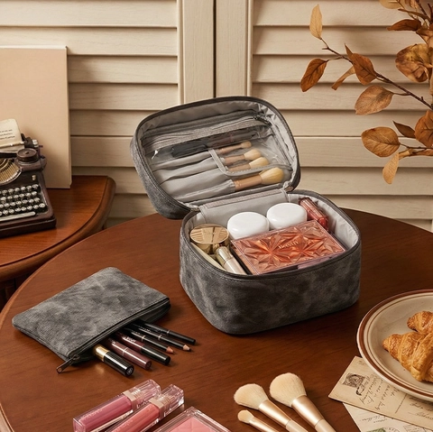 Large Capacity Makeup Bag Denim Texture Fabric Travel Toiletry Organizer Portable Multi Layer Case Retro Style For Women