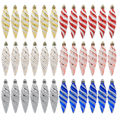 6Pcs Christmas Tree Hanging Spiral Ornaments Painted Plastic Twisted Icicle Pendants With Glitter For Holiday Party Xmas Decor