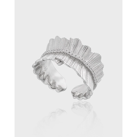 925 Sterling Silver Ring For Women Pleated Ruffle Texture Zircon Inlaid Adjustable Open Band Niche Design Elegant Jewelry