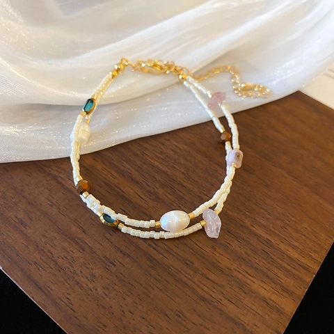 Bracciale Perline Doppio Strato Perla Acqua Dolce Pietre Naturali Vintage Bohemien Gioielli Perline Seme Regolabile Donna