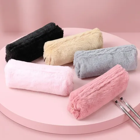 Plush Pencil Case Large Capacity Kawaii Faux Fur Stationery Pouch Metal Zipper For Students School Office Cute Soft Storage Bag
