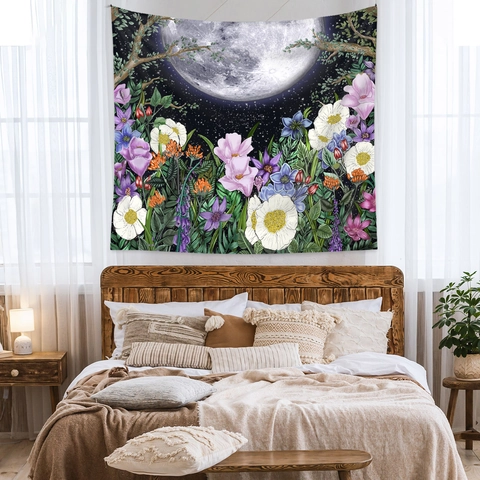Arazzo Fase Lunare Cielo Stellato Fiori Poliestere Da Parete Decorazione Estetica Camera Da Letto Soggiorno Stile Bohémien