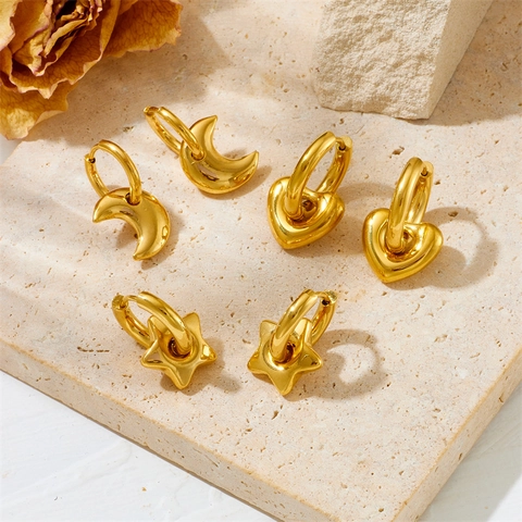 Orecchini A Cerchio Vintage In Acciaio Inossidabile Placcato Oro 18K Cuore Luna Stella Per Donna Eleganti