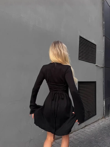 U Neck Bodycon Midi Dress Cotton Polyester Knit Back Lace Up Long Sleeve Solid Color Sexy Streetwear For Women