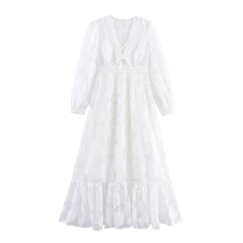 Dames Kant Maxi Jurk Polyester V Hals Lantaarn Mouw Hoge Taille Elegant Gelaagd Splicing Franse Stijl Wit